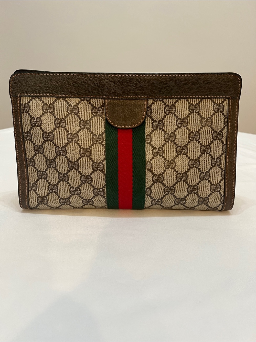 Vintage Designer Styled Clutch Bag Brown GG Canvas with Green and Red Stripe - Picture 4 of 12